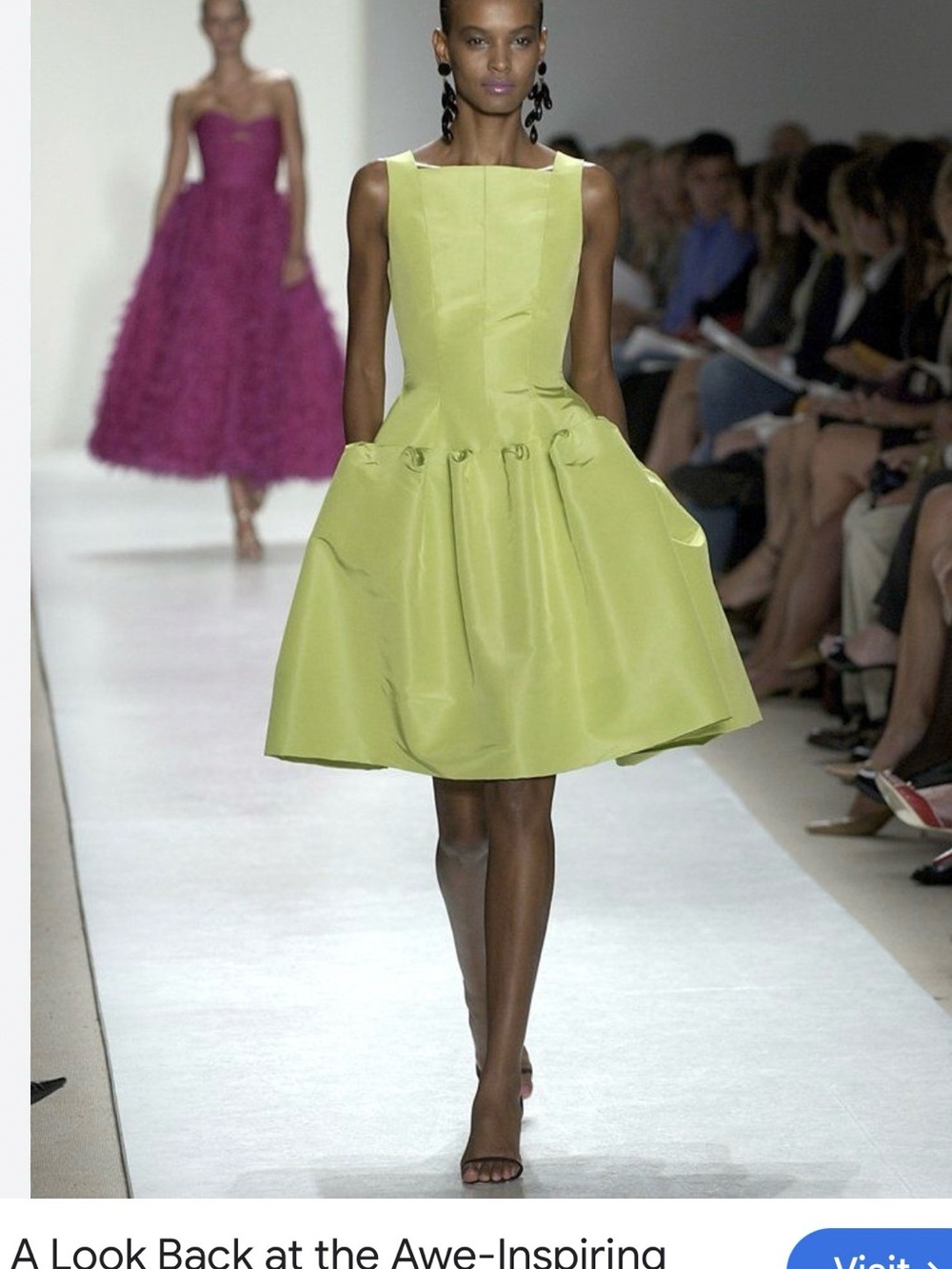 Oscar de la Renta Lime Green Sleeveless Fit-and-Flare Midi Dress, Runway Dress